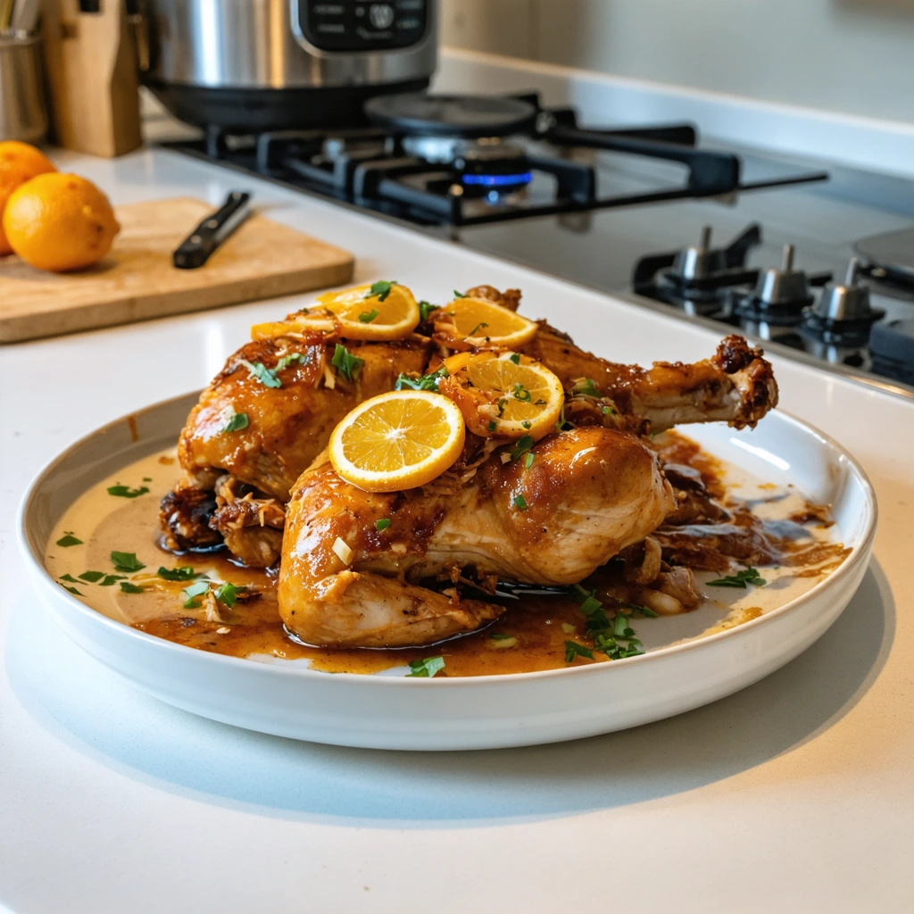A plate of chicken with lemon slices on top.