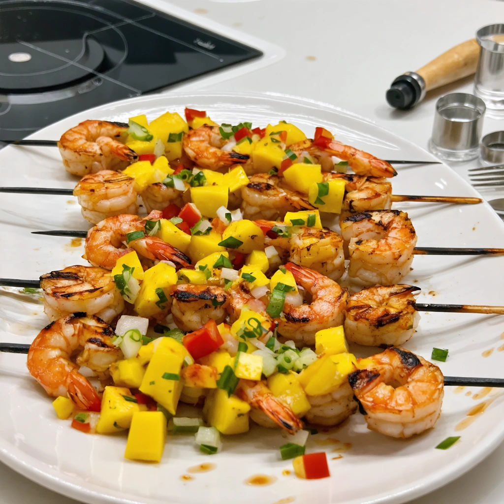 Shrimp skewers with peppers and mango.