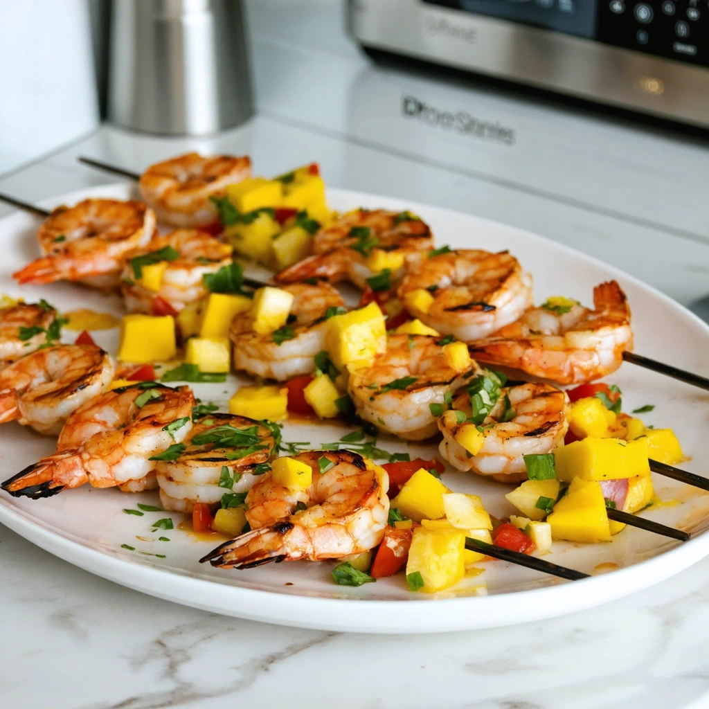 A plate of shrimp skewers with pineapple and peppers.