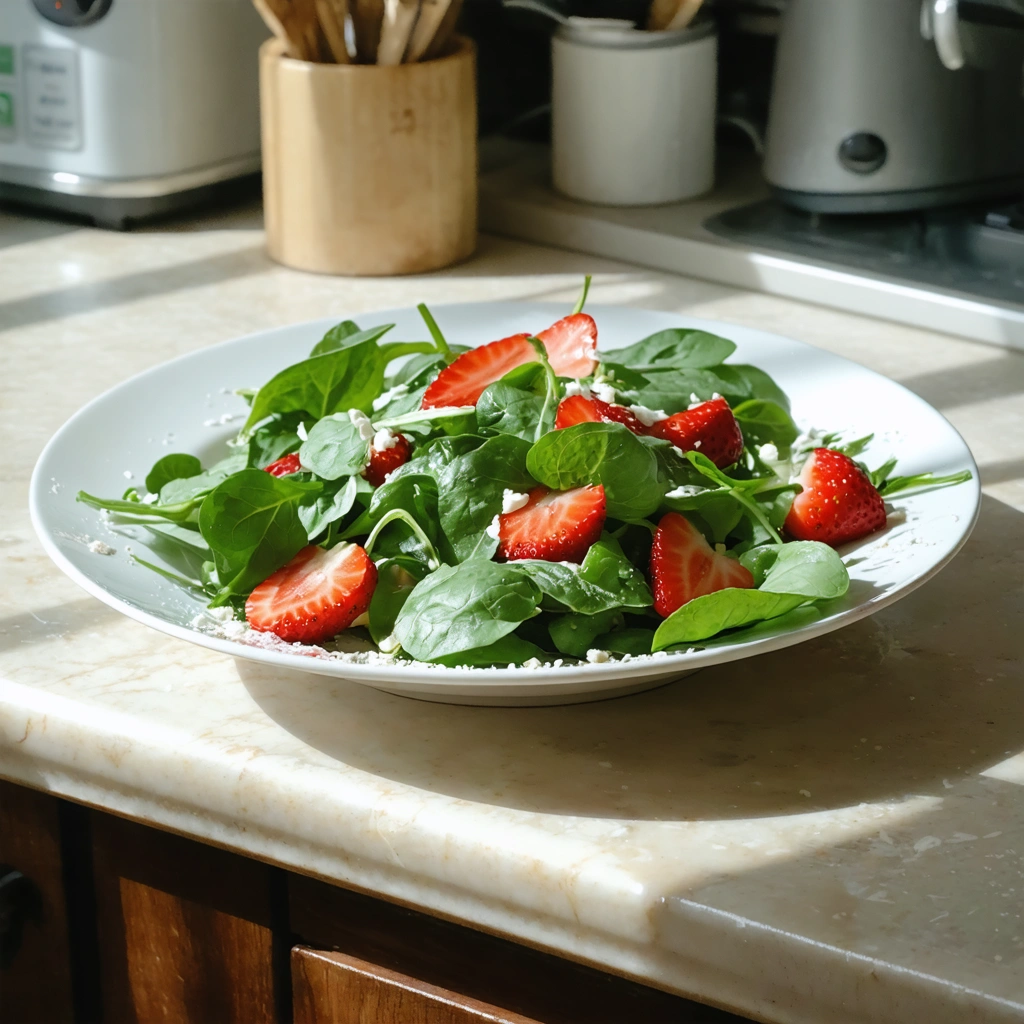 A white plate with a salad of strawberries and spinach.