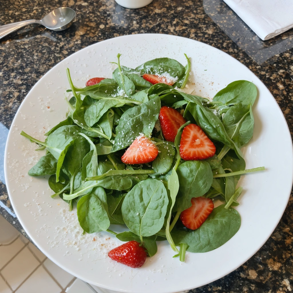 A plate of salad with strawberries and leaves.