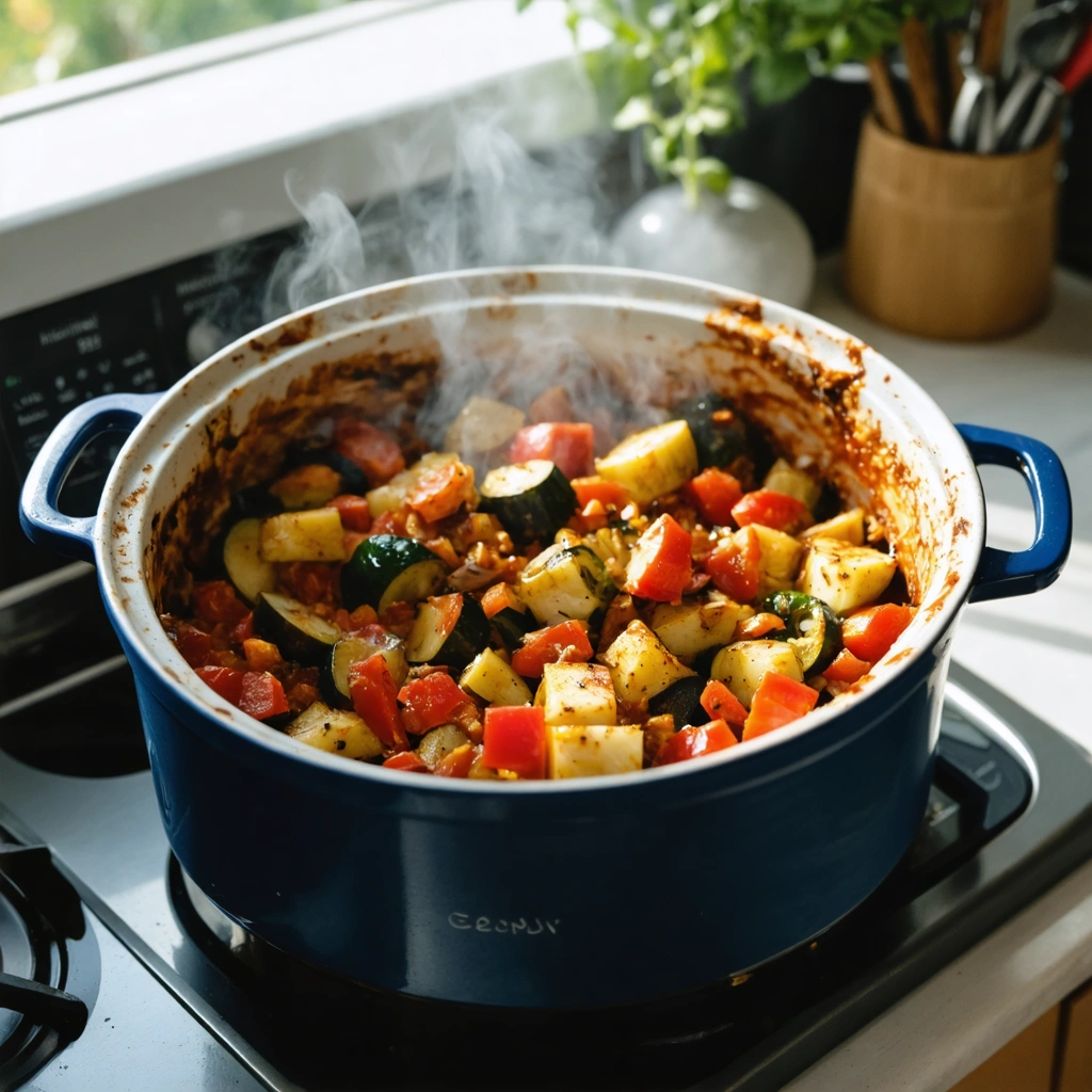 A pot of food on a stove.