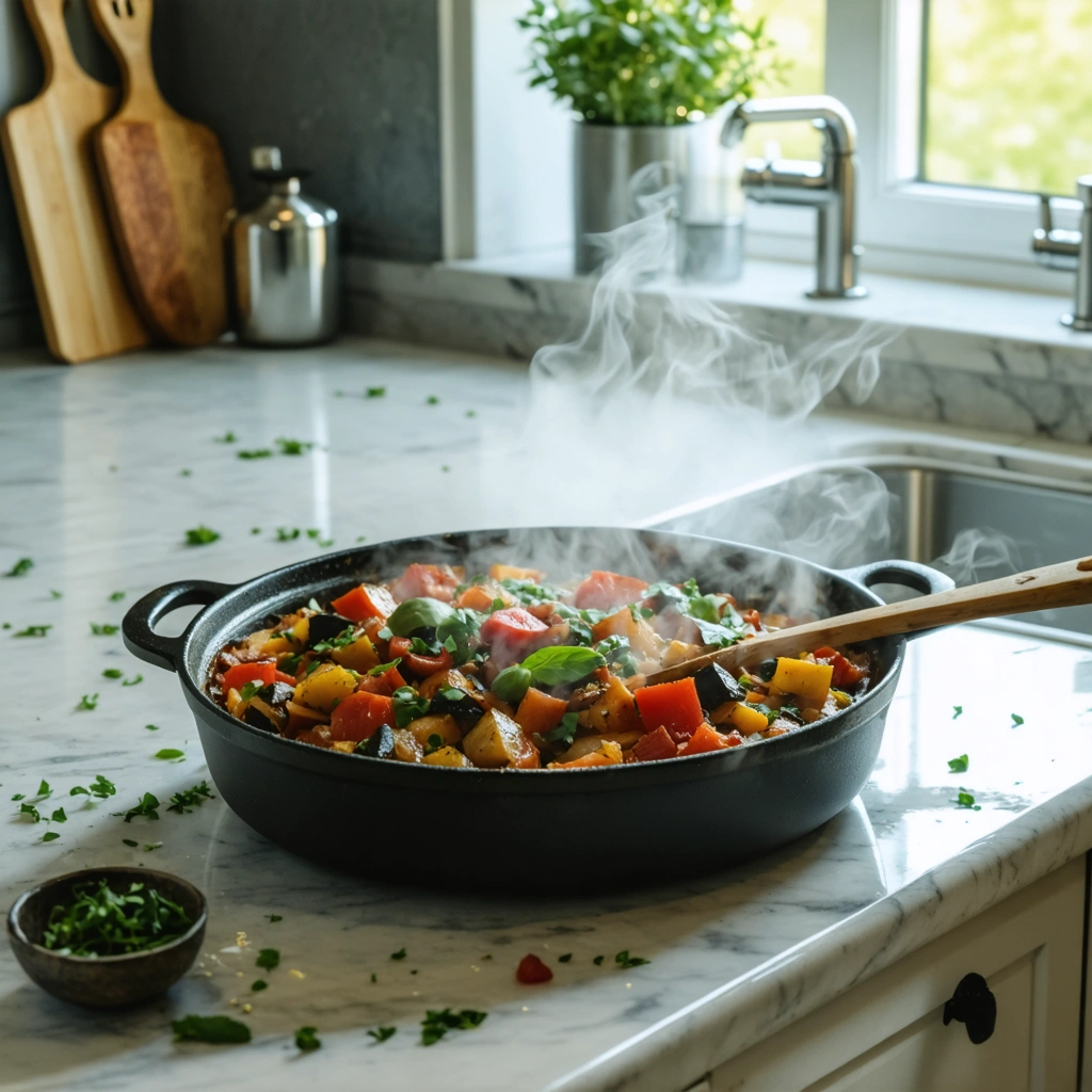 A pot of food cooking on the stove.