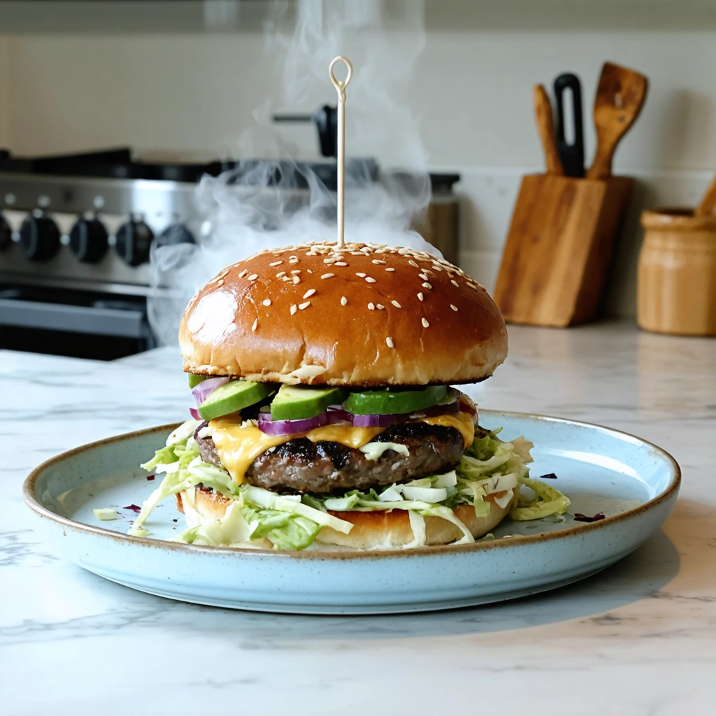 A large burger with lettuce and tomato on a blue plate.