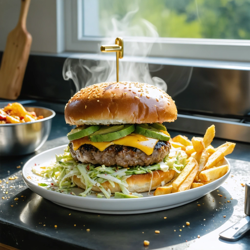 A large hamburger with french fries.