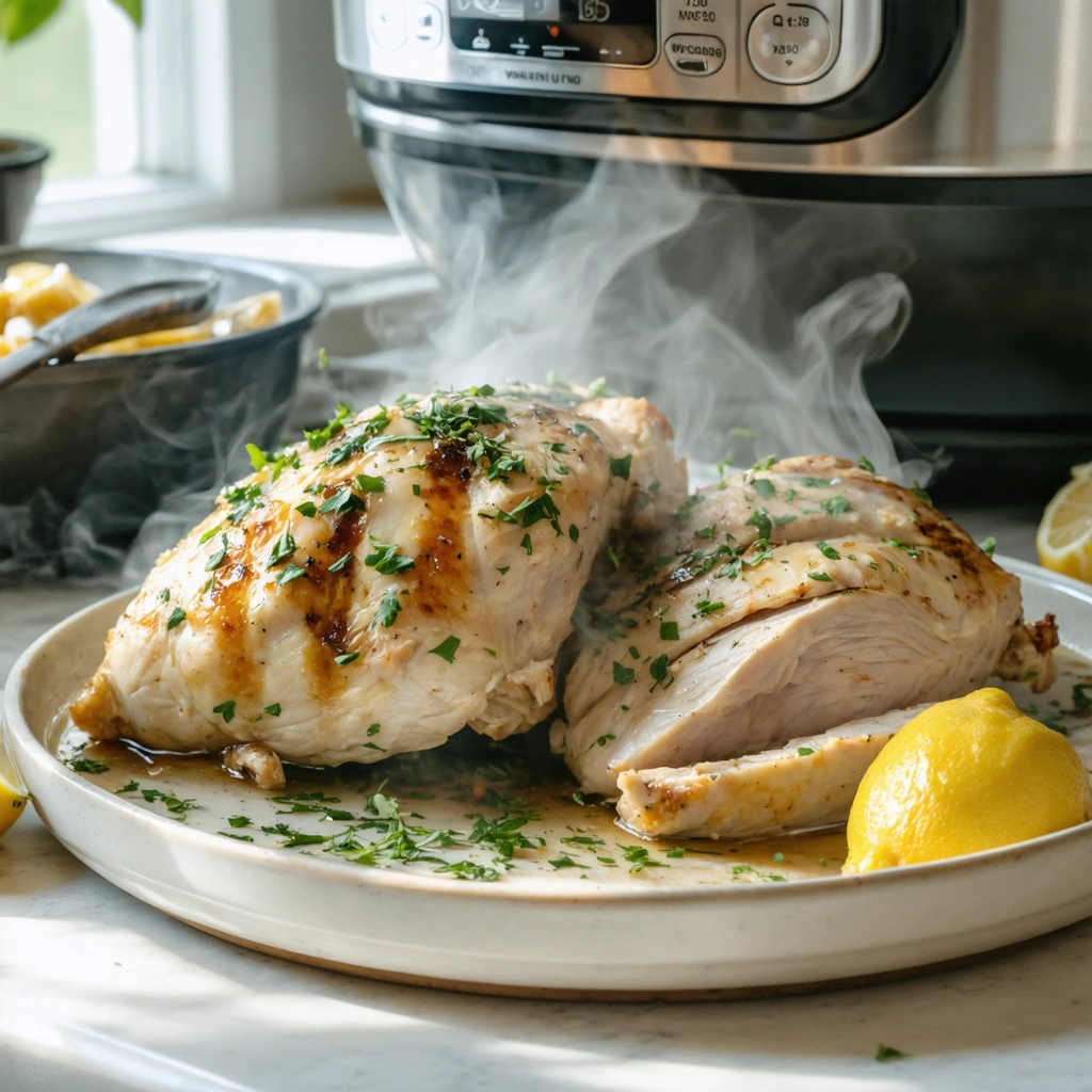 A plate of chicken with lemon and herbs.