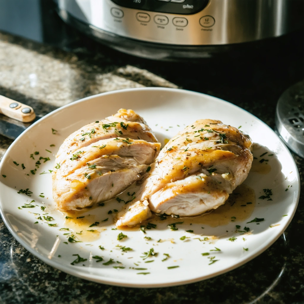 Two pieces of chicken on a white plate.