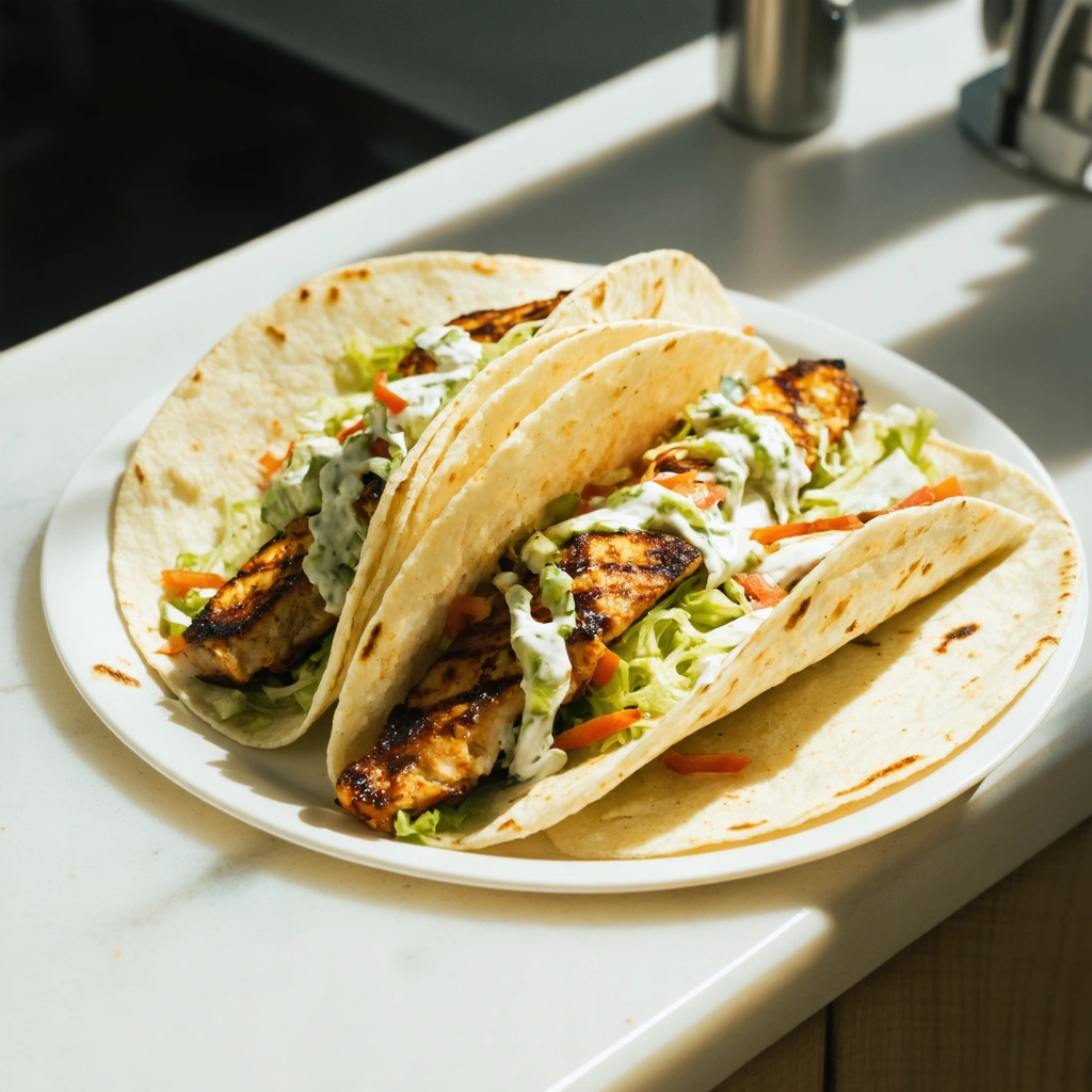 Two chicken tacos on a white plate.