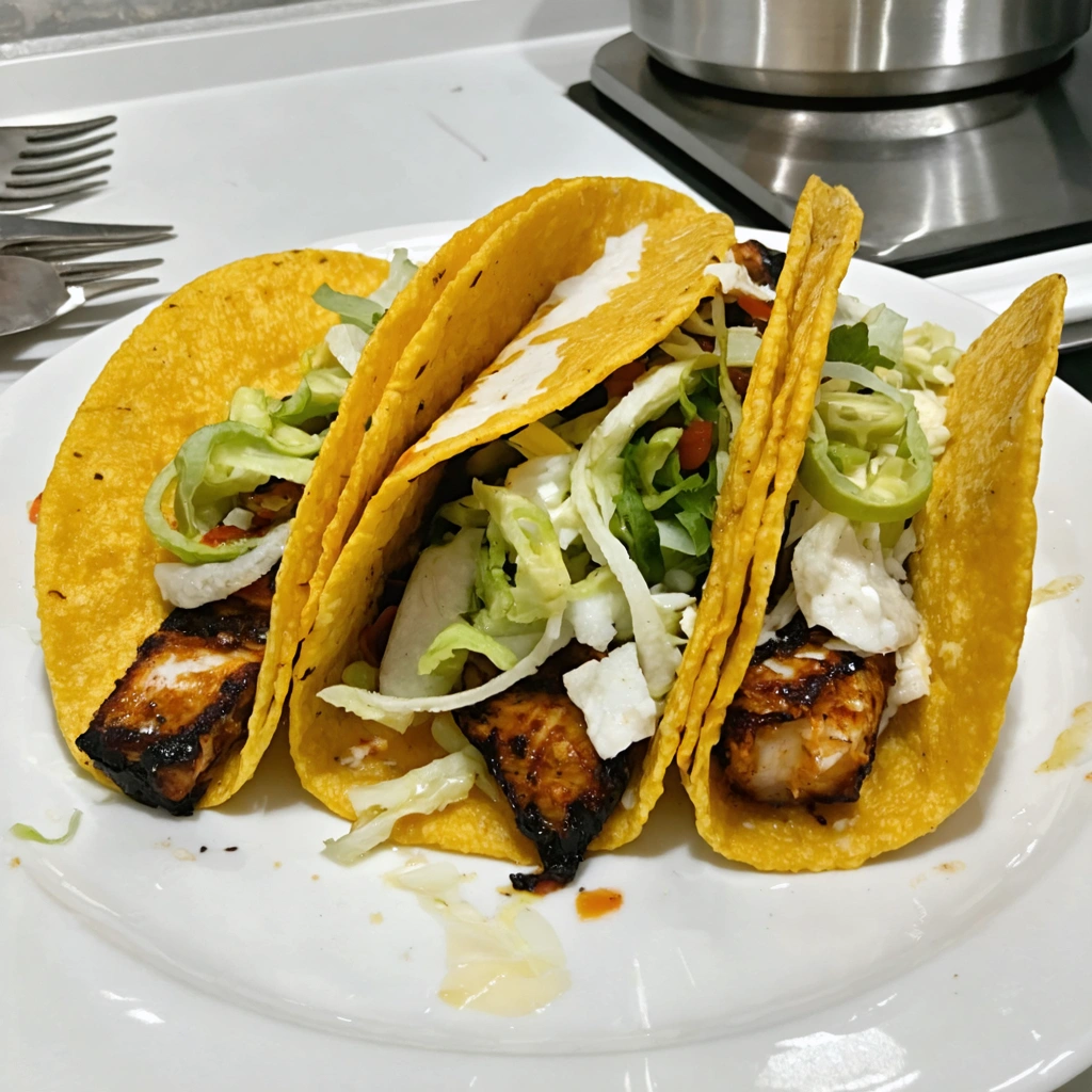 A plate of food with two tacos and a piece of meat.