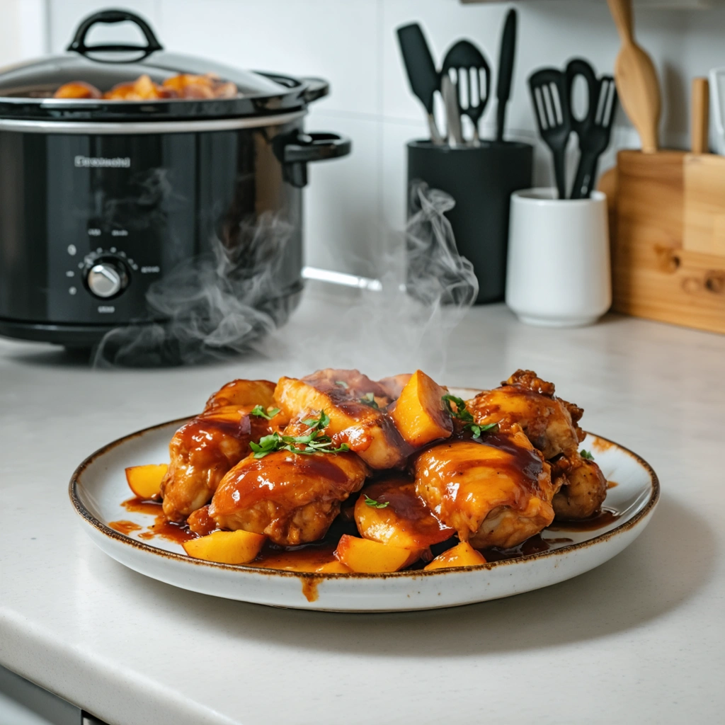 A plate of chicken with sauce on a counter.