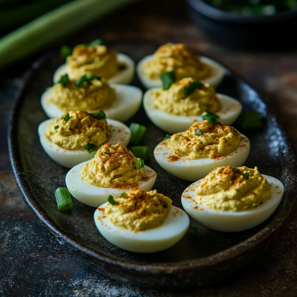 A plate of deviled eggs with a spoon.