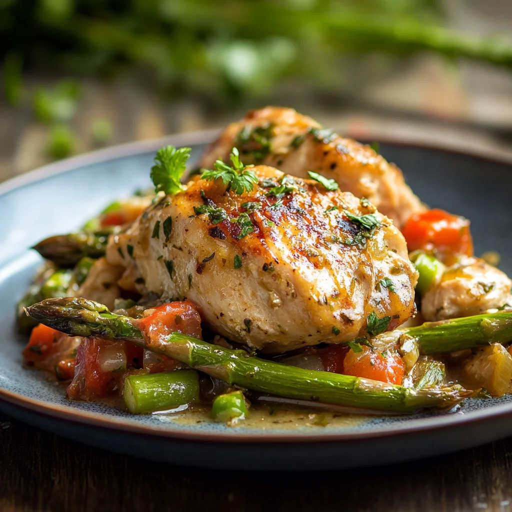 A plate of food with chicken, asparagus, and tomatoes.