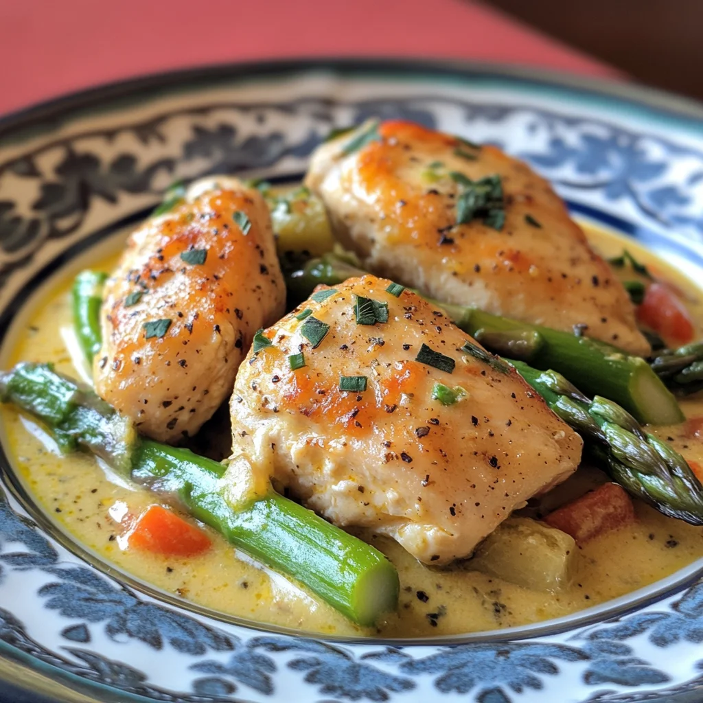 A plate of food with chicken, asparagus and carrots.
