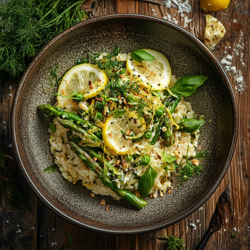 A bowl of food with lemon slices and green vegetables.