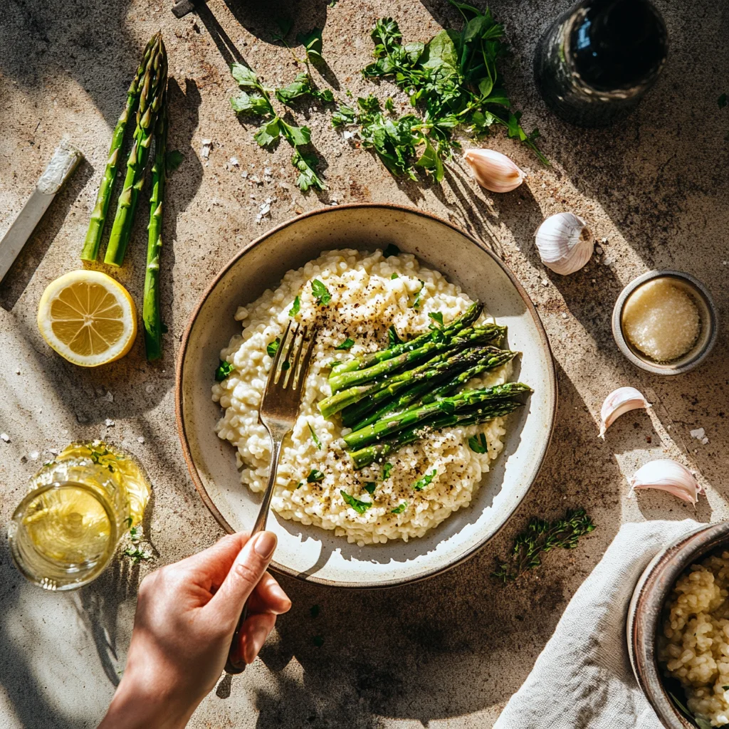 A person is holding a fork with a plate of food on a table.