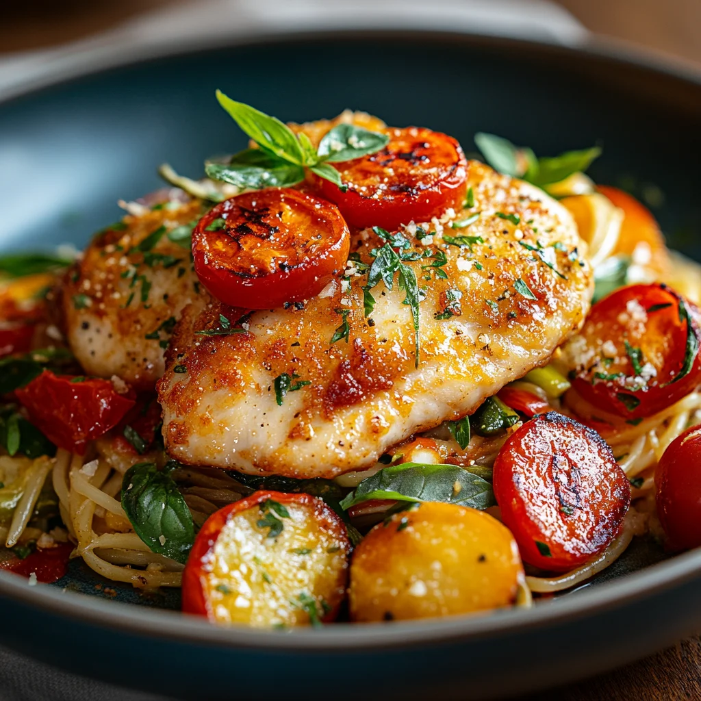 A plate of food with tomatoes, chicken, and pasta.