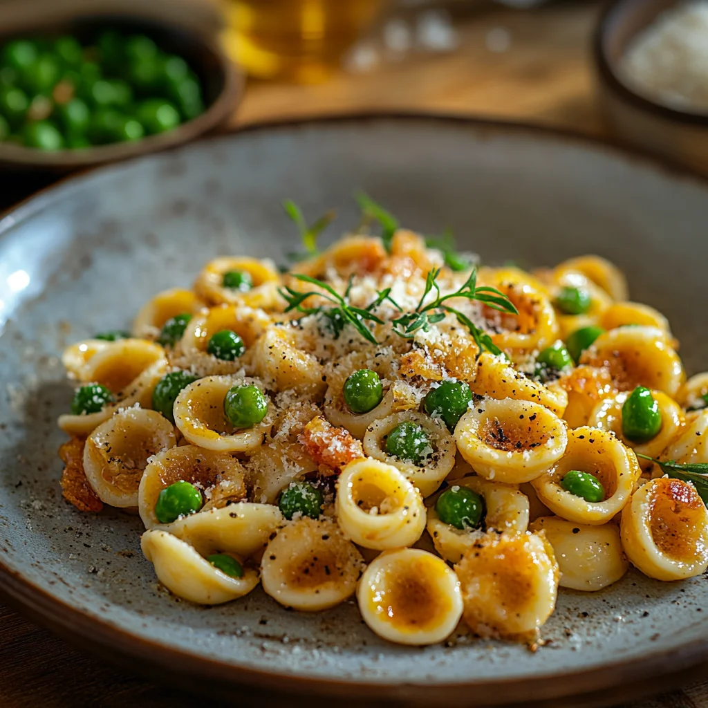 A plate of pasta with peas and cheese.
