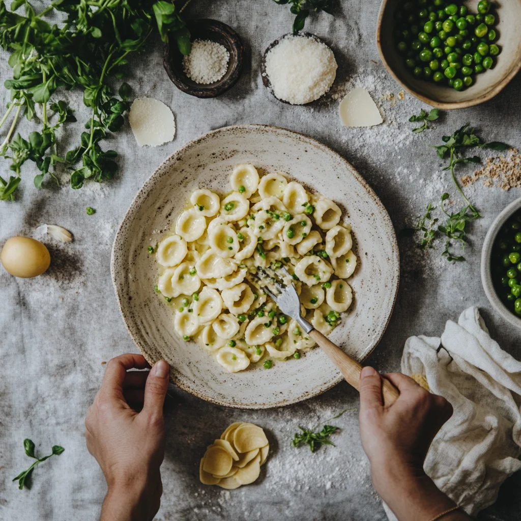 A person is preparing a meal with pasta and peas.
