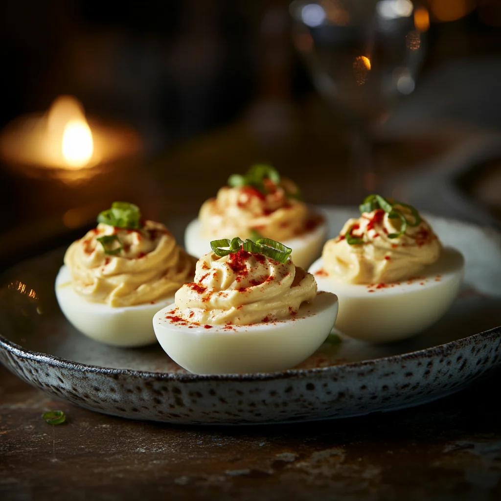 Four deviled eggs on a plate.