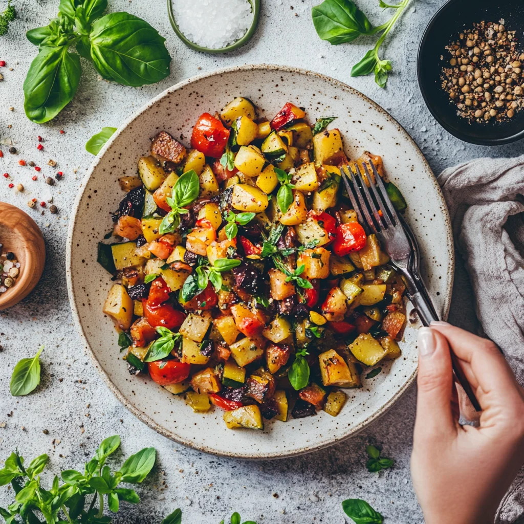 A person is holding a fork with a plate of food.