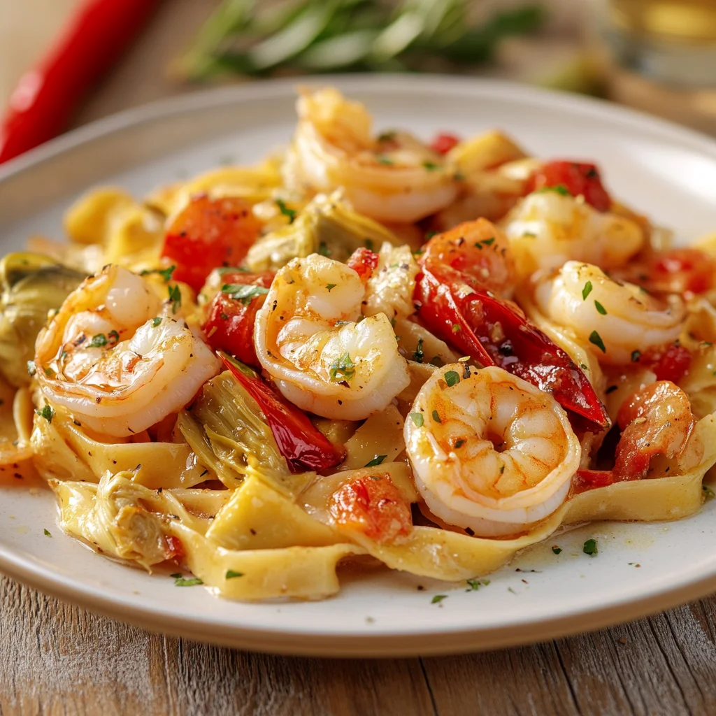 A plate of shrimp and pasta.