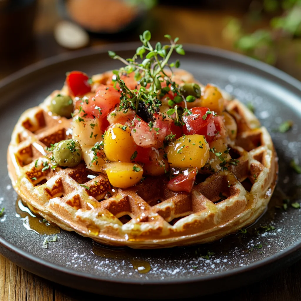 A waffle with fruit on top.
