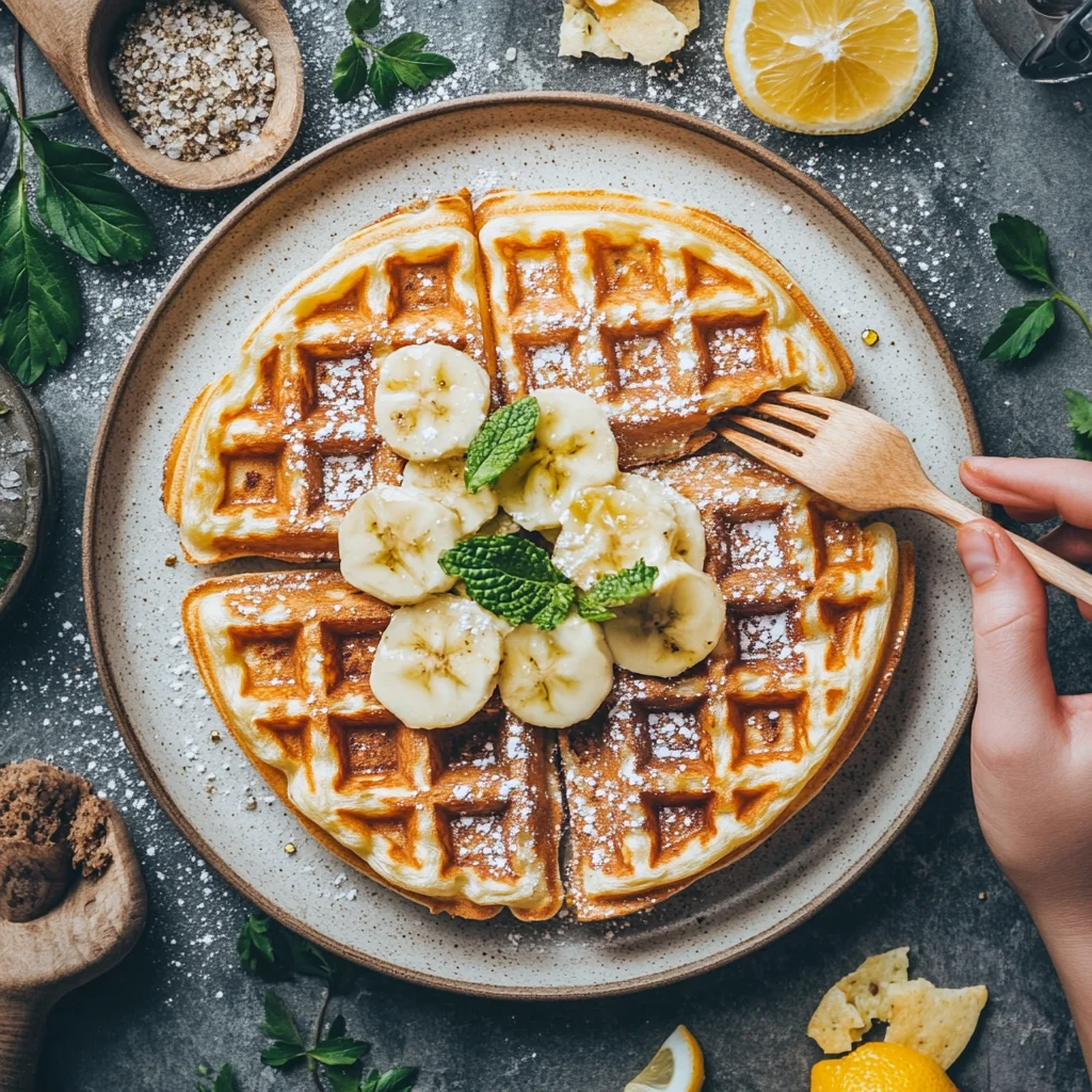 A plate of waffles with bananas and mint.
