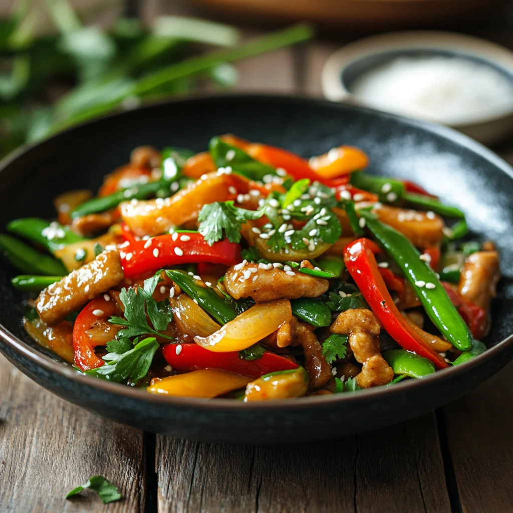 A bowl of food with peppers and chicken.