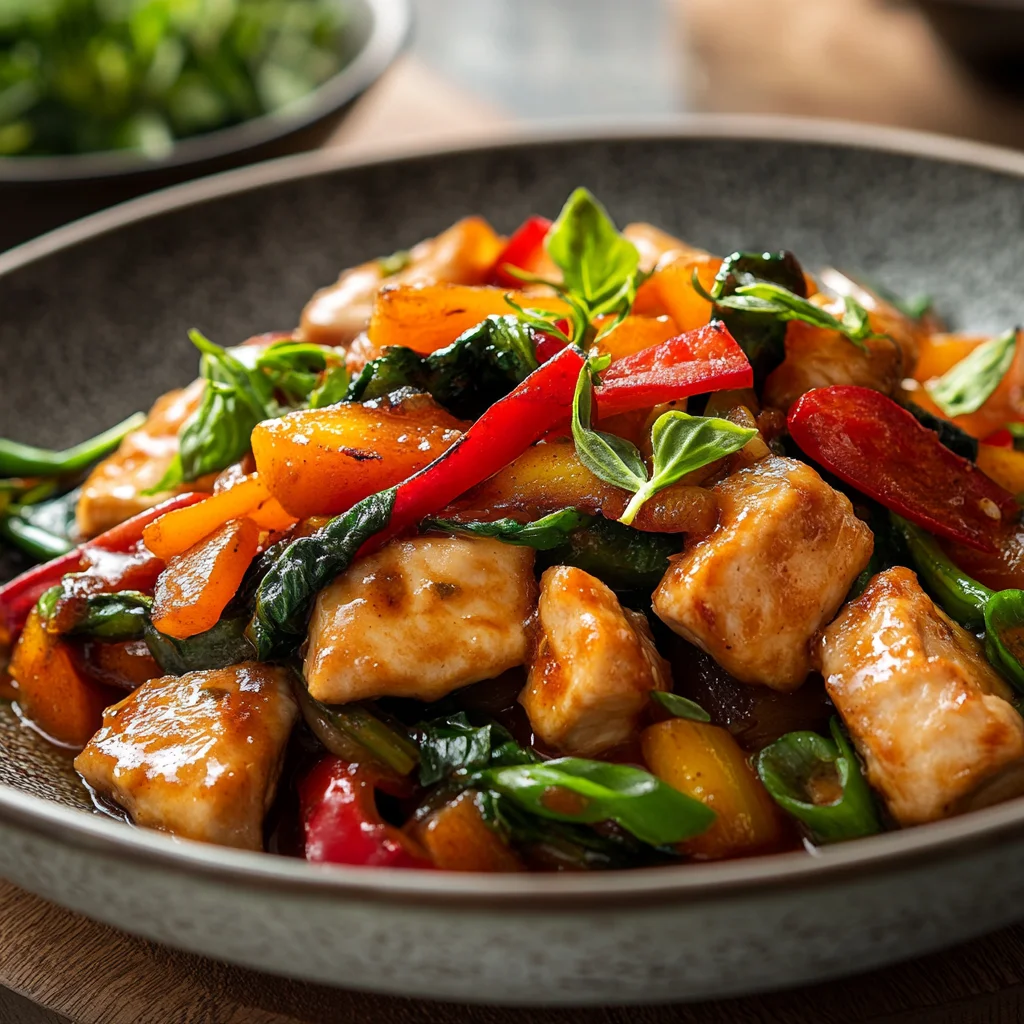 A bowl of food with peppers and greens.
