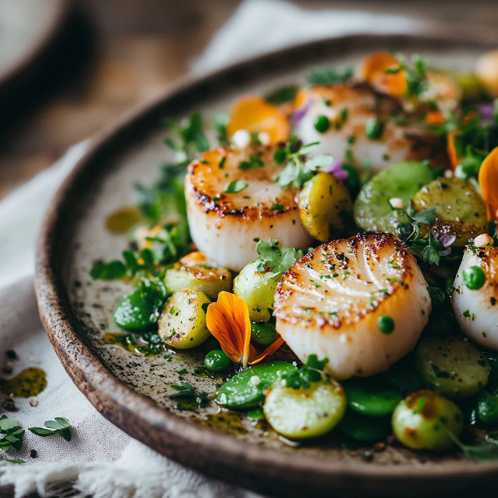 A bowl of food with vegetables and seafood.