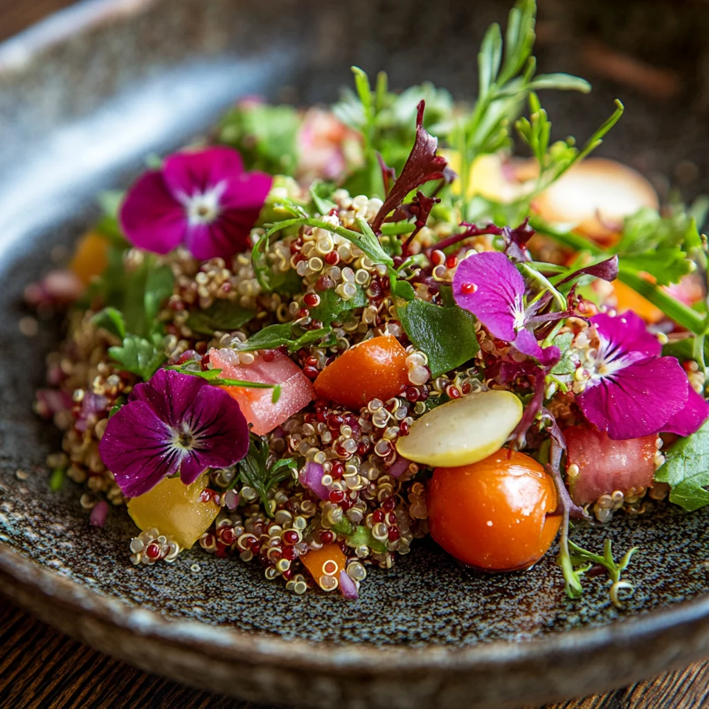 A bowl of food with a purple flower on top.
