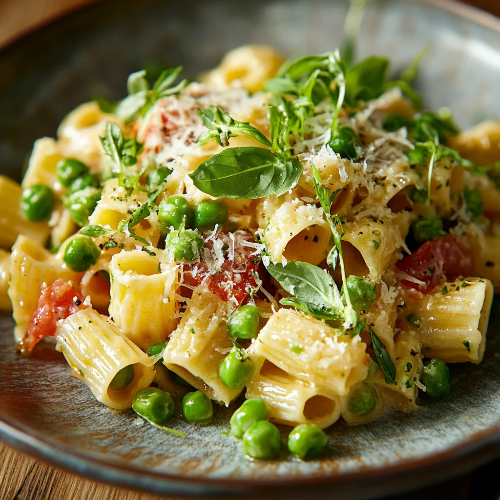 A bowl of pasta with peas and cheese.