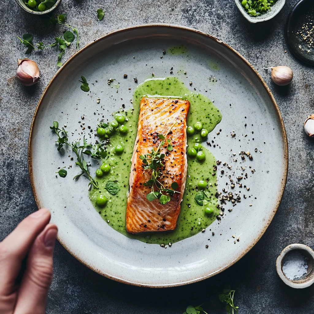 A plate of fish with green sauce and peas.