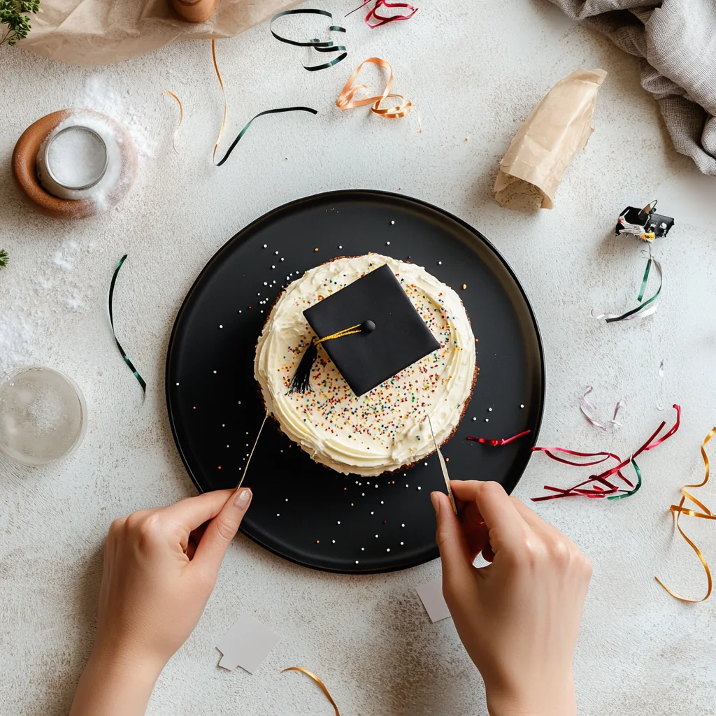 A person is cutting a cake with a black cap on it.