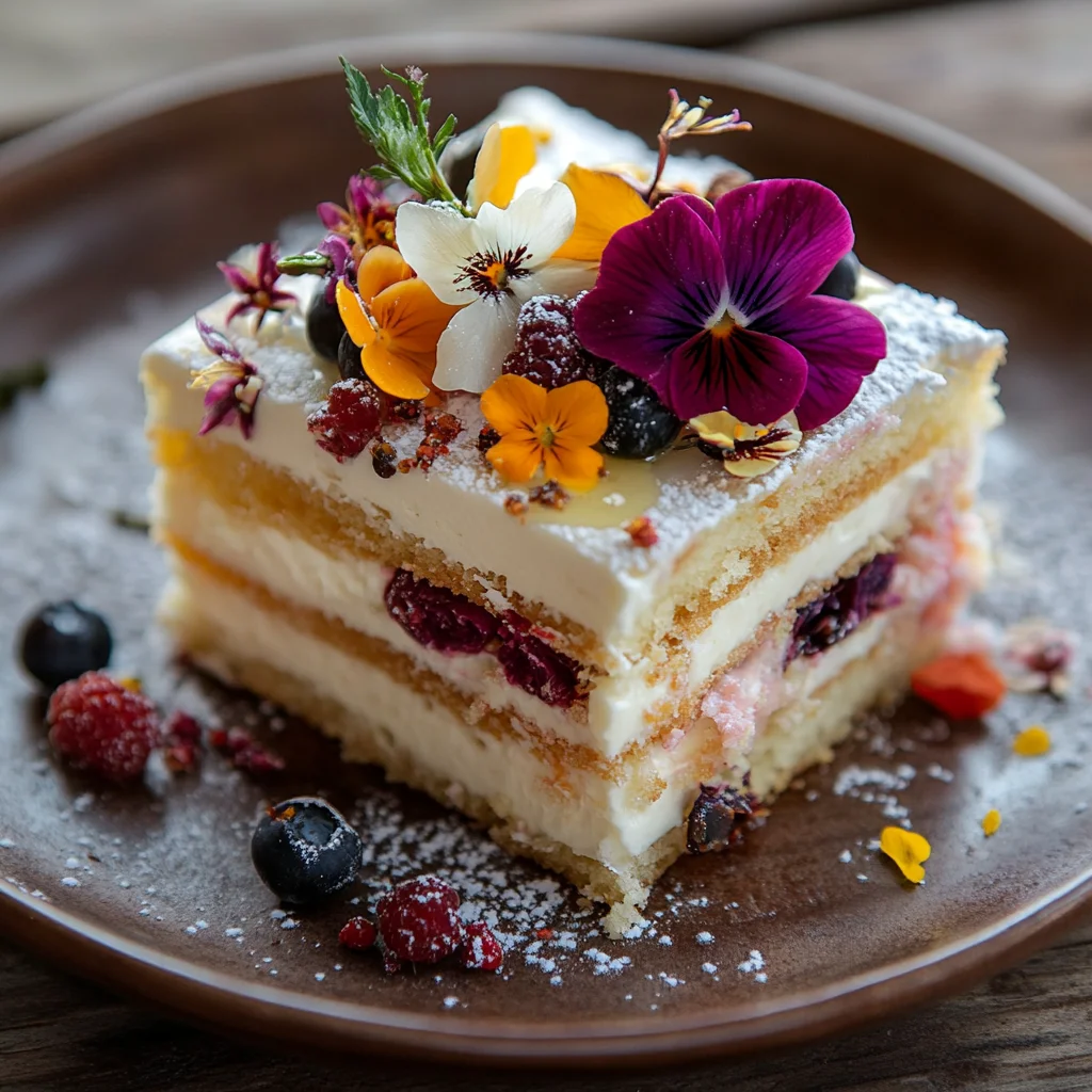 A slice of cake with berries and flowers on top.