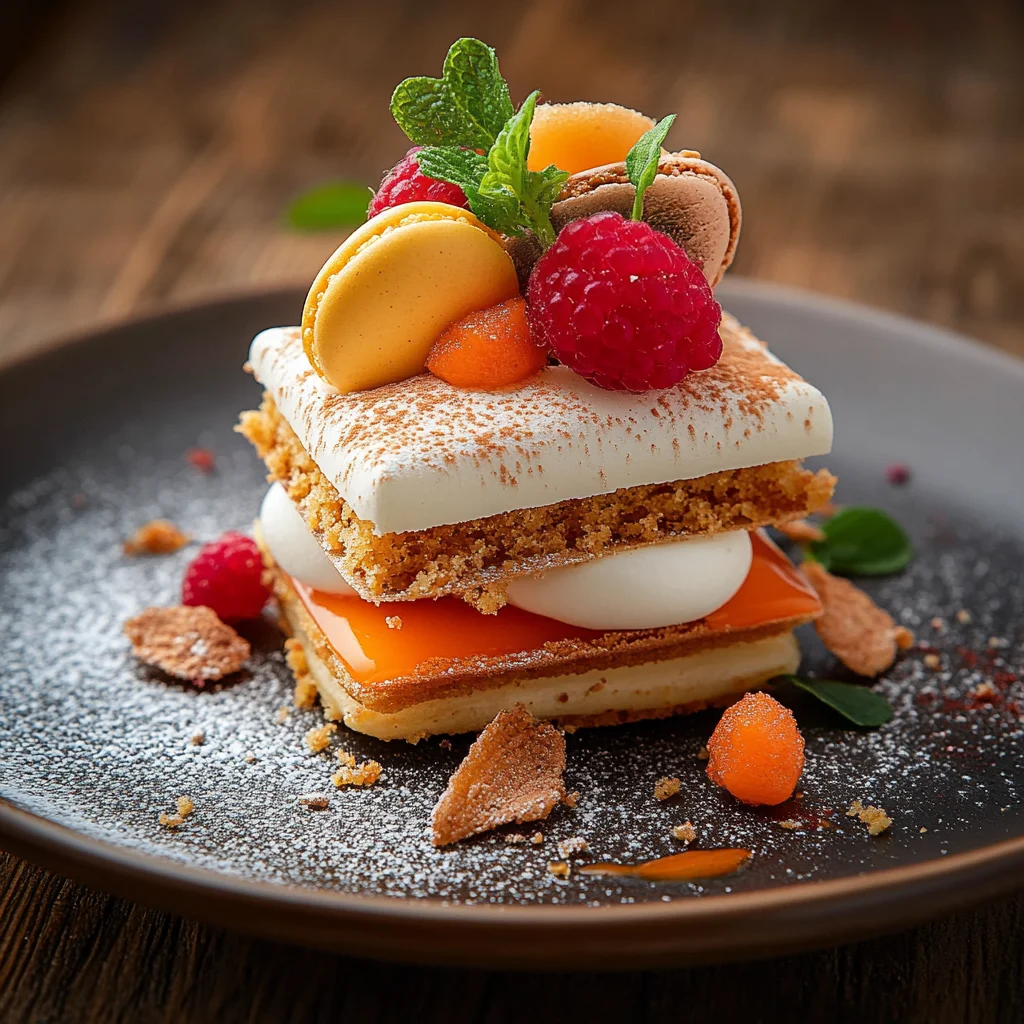 A stack of desserts on a plate.