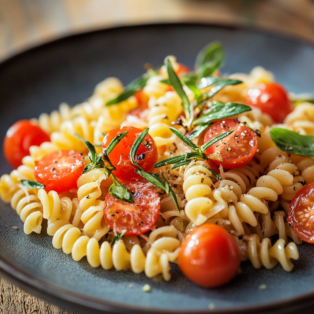 A plate of pasta with tomatoes and basil.