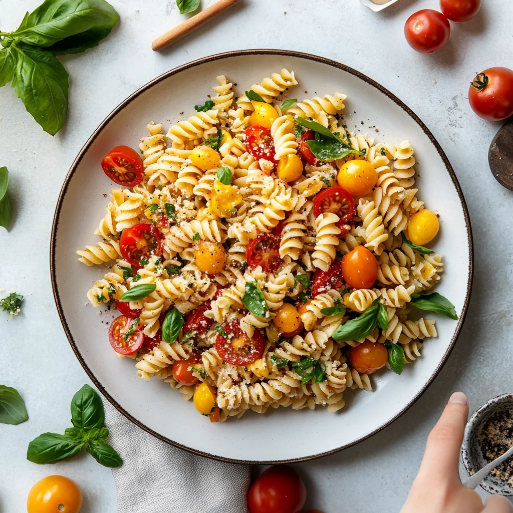 A plate of pasta with tomatoes and basil.