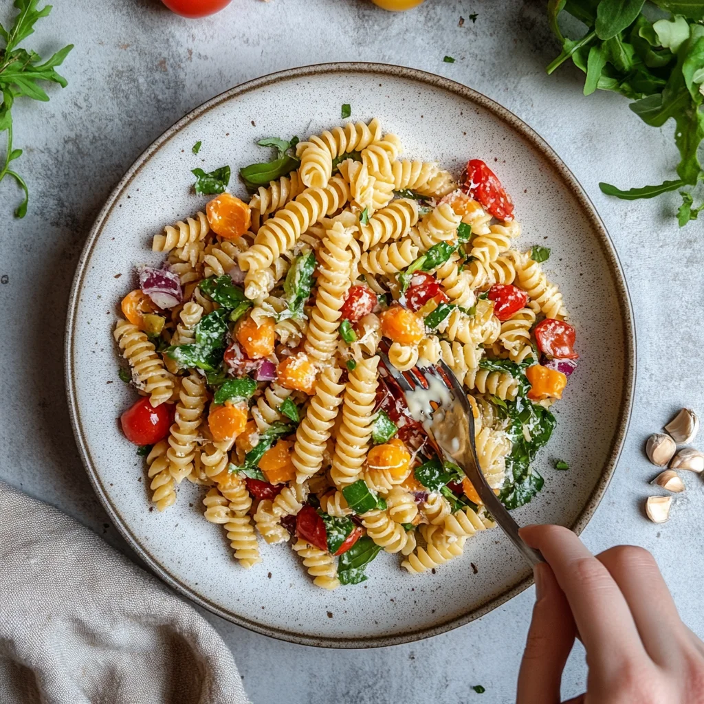 A person is holding a fork with a plate of pasta.