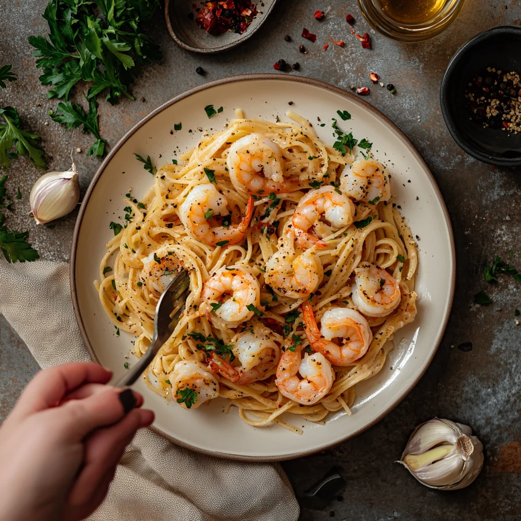 A person is holding a fork over a plate of shrimp and pasta.