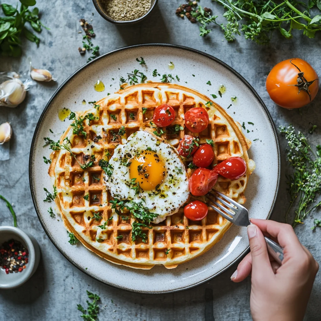 A person is eating a waffle with tomatoes and eggs.