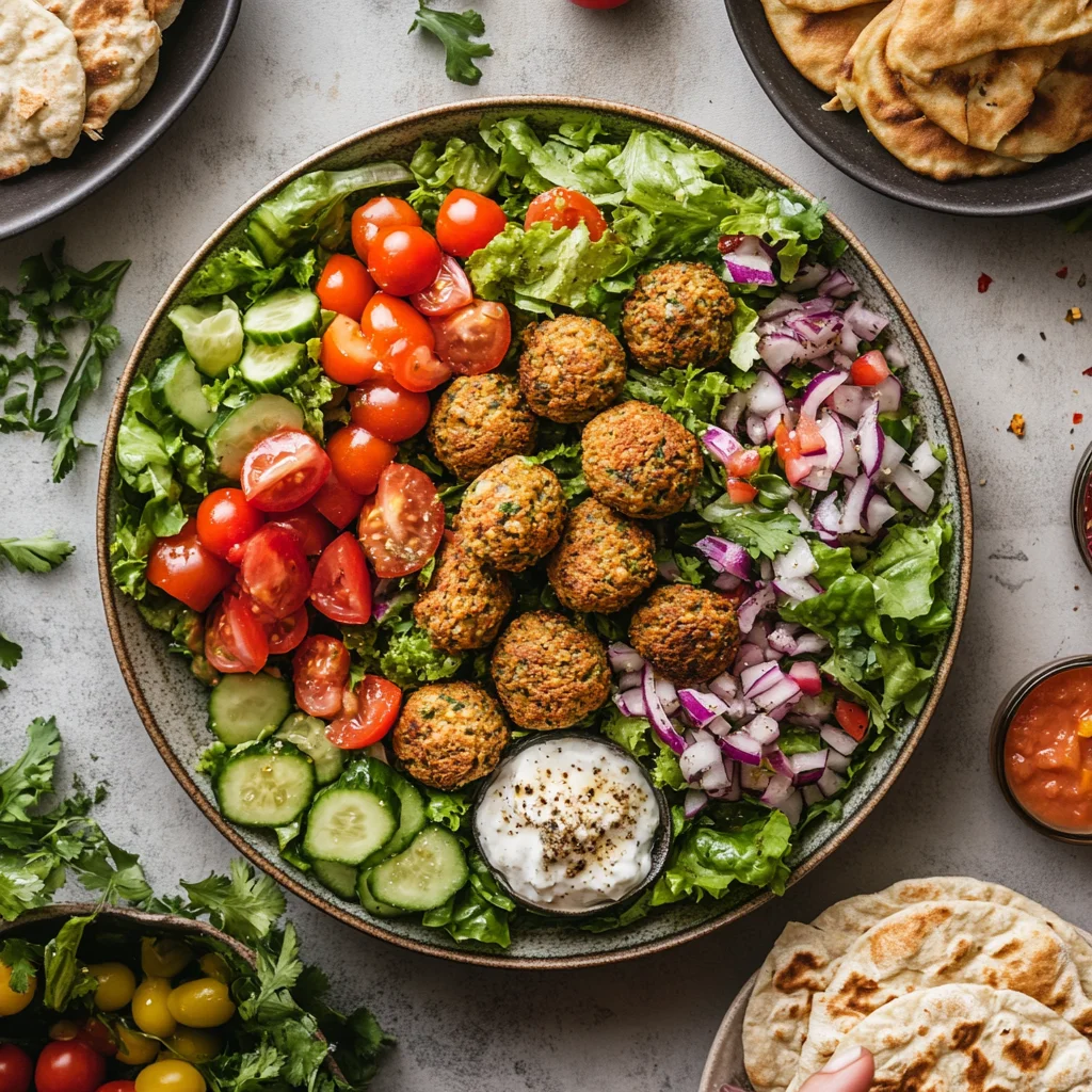 A plate of food with a variety of vegetables and meatballs.