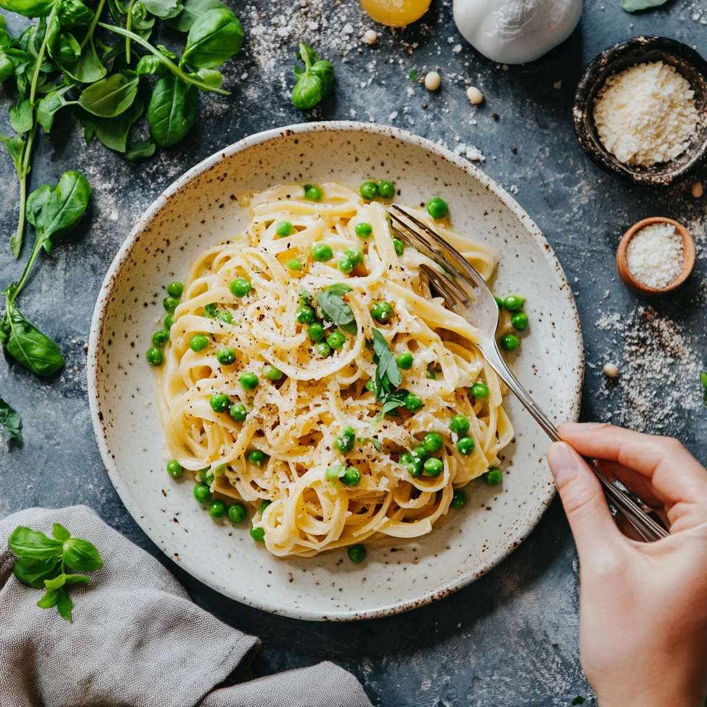 A fork is being used to eat pasta with peas.