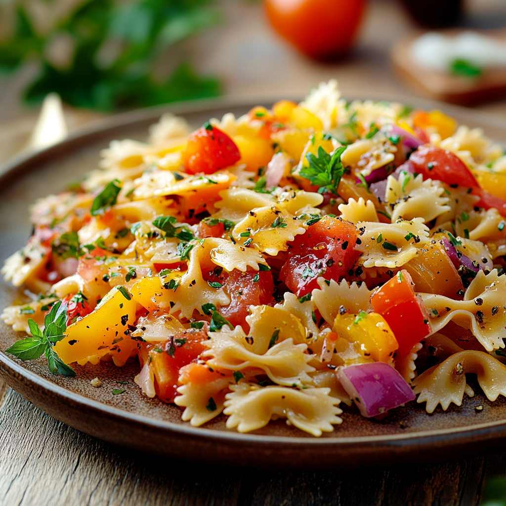 A plate of pasta with tomatoes and onions.