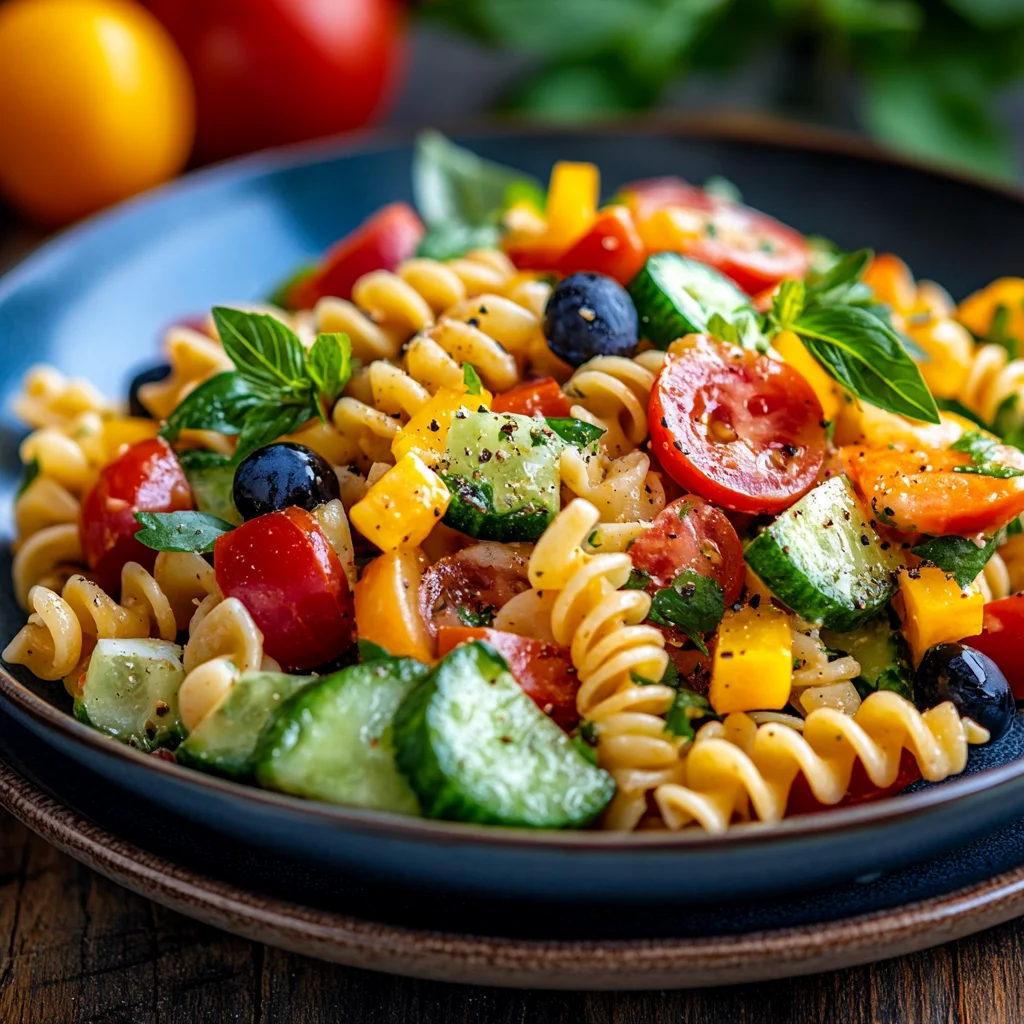 A plate of pasta with tomatoes, cucumbers, and basil.
