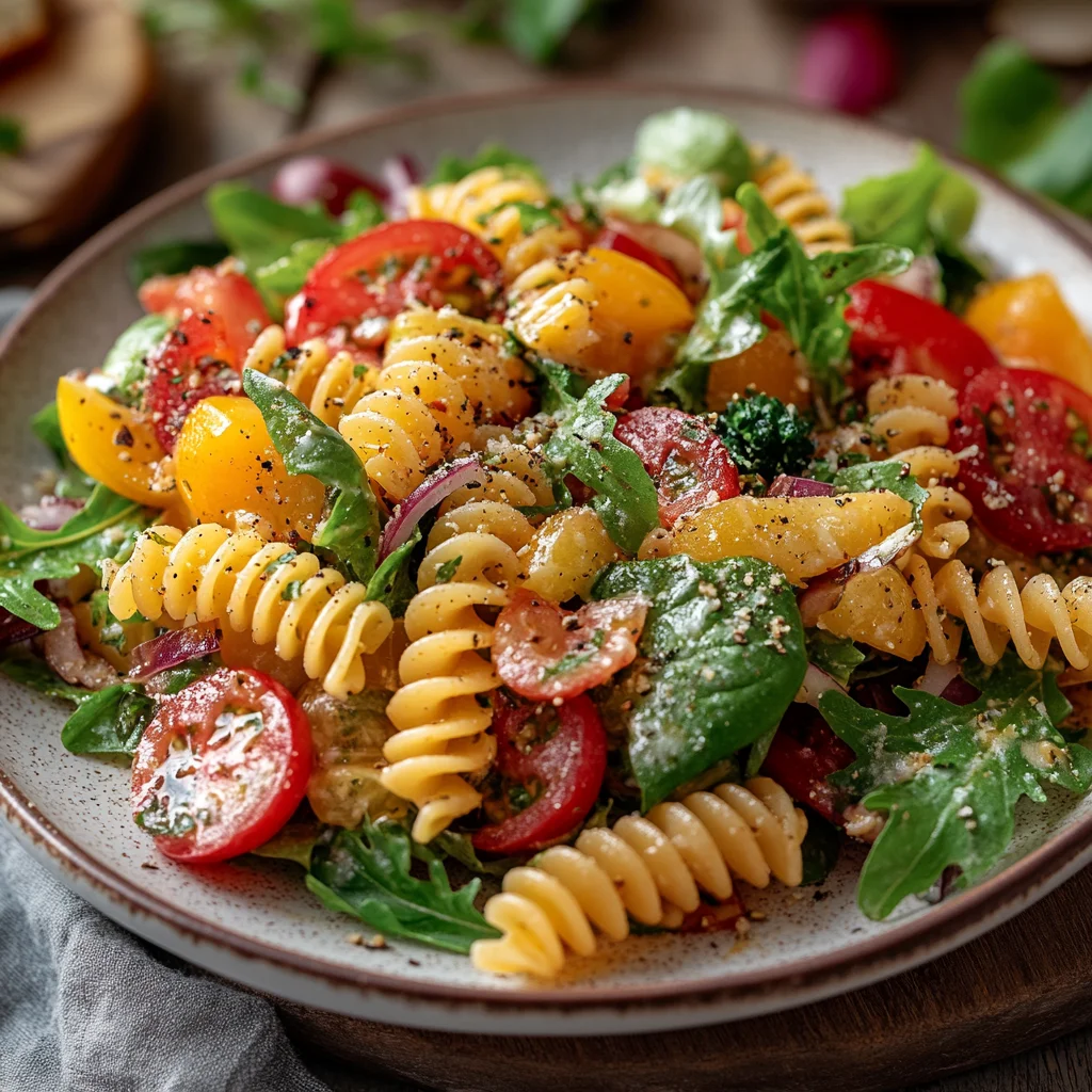 A plate of pasta salad with tomatoes, broccoli, and onions.