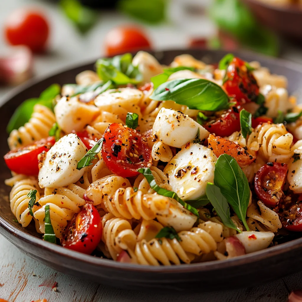 A bowl of pasta with tomatoes and basil.