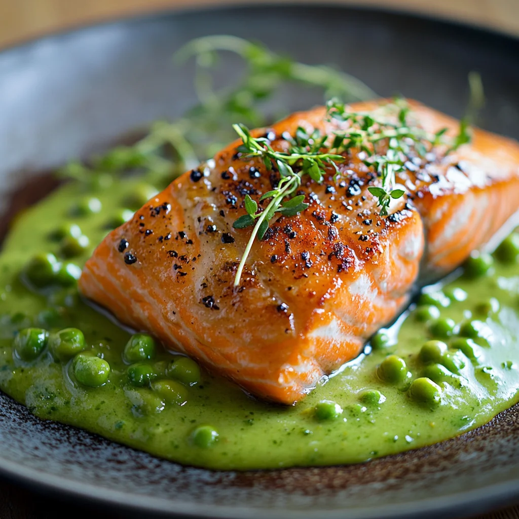 A plate of food with a salmon fillet and peas.