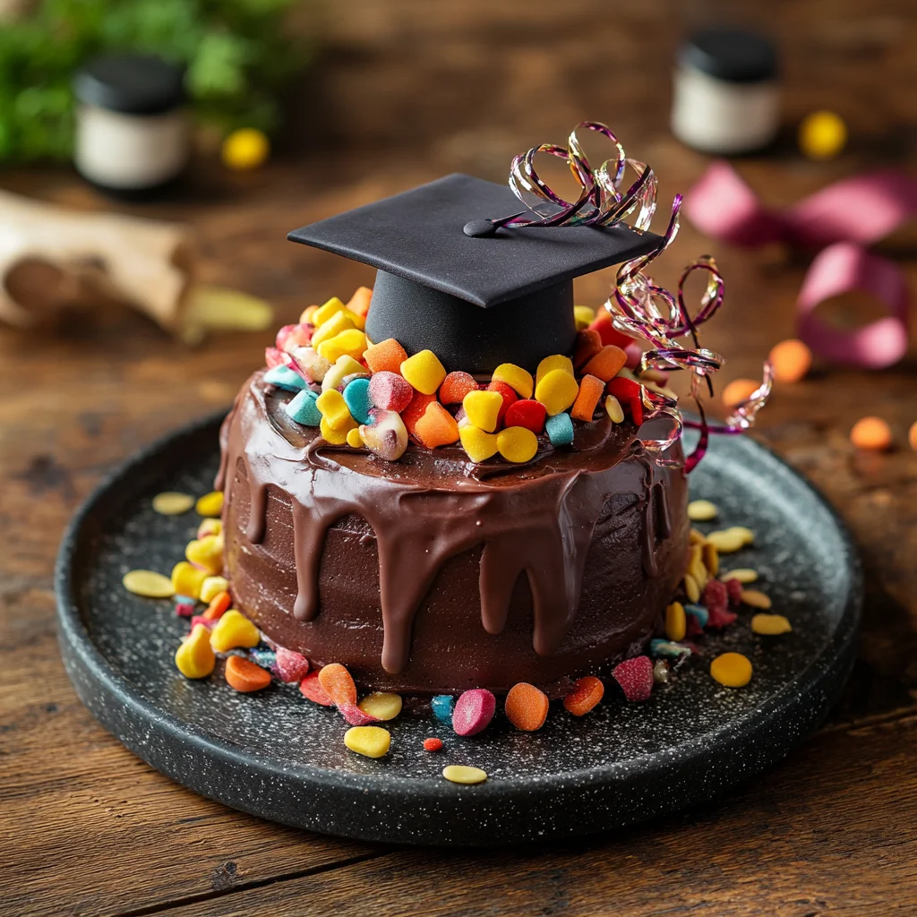 A chocolate cake with a graduation cap on top.
