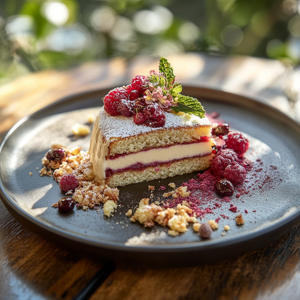 A slice of cake with raspberries on top.